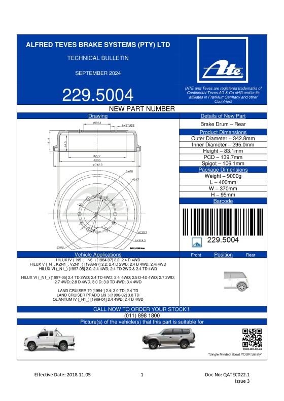 229.5004 NEW! Brake Drum for Toyota Hilux (1984-2005), Land Cruiser 70 2.4; 2.4TD; 3.0TD (1984- ), Land Cruiser Prado 3.0 TD (1996-2002), Toyota Quantum 2.4 4WD; 2.4 D 4WD (1989-2004) . featured image